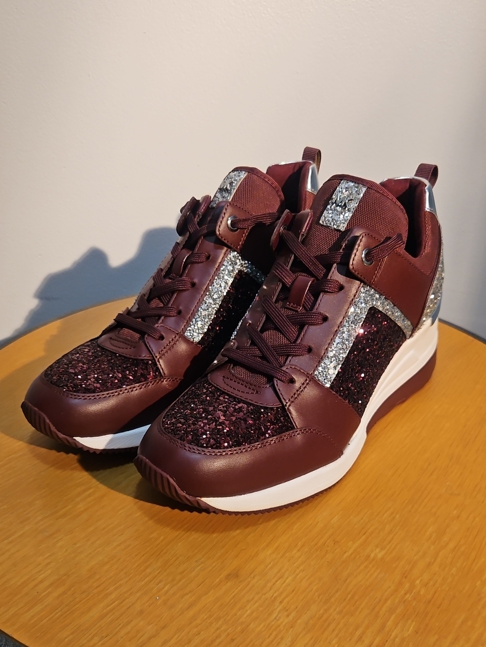 MICHAEL Michael Kors Merlot and Silver Glitter Wedge Sneakers